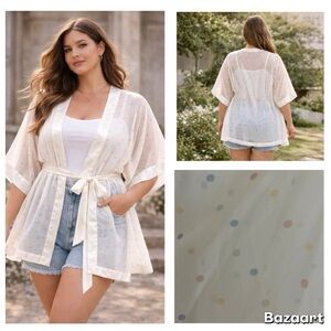 JESSICA White Sheer Pastel Polka Dot Kimono‎ with Satin Trim & Tie Size XL Femme